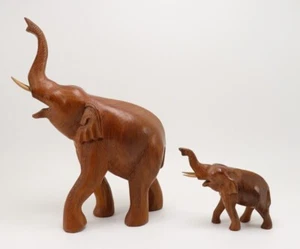 Vintage Elephant with Baby Hand Carved Beautiful Wood Grain Figurines Thailand - Picture 1 of 12