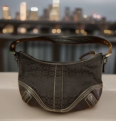 Coach Logo Mini Hobo Bag Black Canvas With Leather Silver Hardware - Image 1 of 4