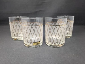 UNUSED! Culver LOWBALL Glasses Set of 4 22k GOLD Diamond Argyle Lattice VINTAGE - Picture 1 of 7