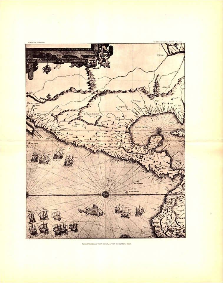 "INTERIOR DE NUEVA ESPAÑA, DESPUÉS DE MERCATOR, 1569" Antiguo mapa facsímil 1896 Foto 1 de 1