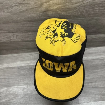 Vintage 1980’s Iowa Hawkeyes Herky Black & Yellow Stretch Painters Hat Cap USA - Image 1 of 4