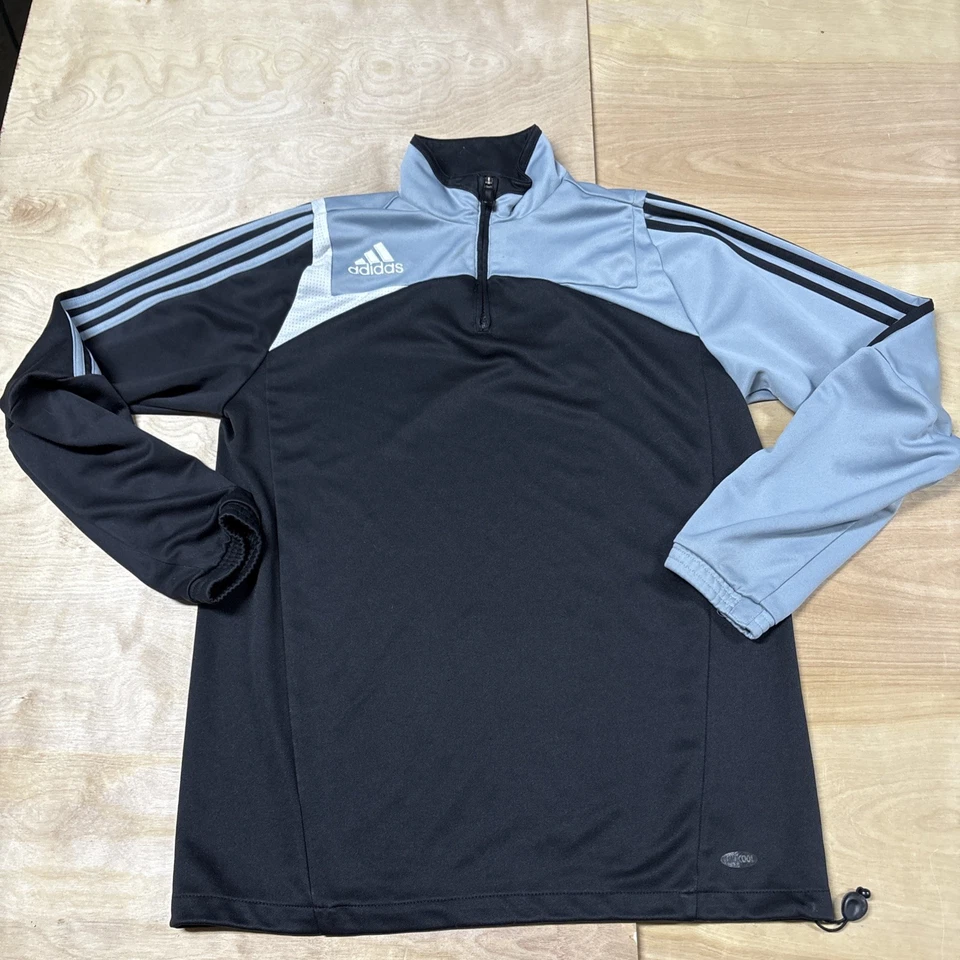 Chaqueta de fútbol Y2K Adidas 1/4 cremallera Clima365 para hombre azul medio negro 3 rayas Foto 1 de 4