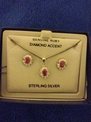 GENUINE ruby necklace and earrings with diamond accent sterling silver REDUCED - Image 1 of 4