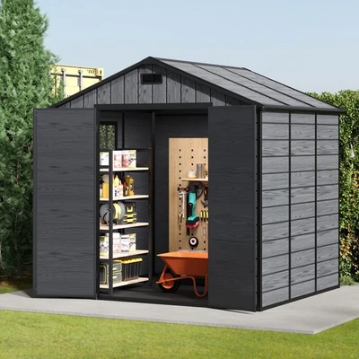 UKWAREHOUSESALES Plastic Outdoor Garden Shed 8x6FT 8x4FT 6x4FT Storage Sheds Tool Box Grey House