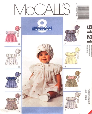 Easy Baby Dress and Bonnet McCalls Sewing Pattern 9121 Sizes S to XL - Image 1 of 2