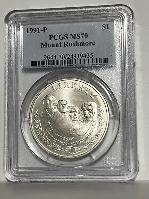 1991 P MOUNT RUSHMORE Commemorative Silver Dollar PCGS MS 70 - Image 1 of 2