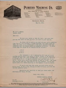 1915 Puritan Machine Co. Detroit, Michigan Letter Letterhead Advertising Flyer - Picture 1 of 4
