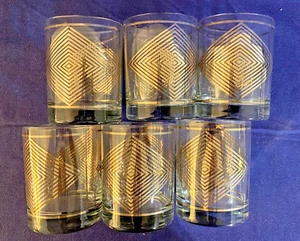 Set of 6 Vintage Georges Briard?? Gold Stripe Diamond MCM 4” On the Rocks Glass - Picture 1 of 4