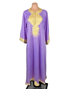 Vtg 70s CAFTAN Kaftan Robe Dress BOHO GOLD Metallic Purple Button Gypsy Dress L - Picture 1 of 7