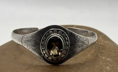 STERLING SILVER CUFF BRACELET Filigree Faceted Smokey Topaz Quartz #6 - Image 1 of 4