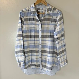 FoxCroft Linen Blue Plaid Stripe Button Up Shirt Long Sleeve Tunic Top Sz 8 - Picture 1 of 7