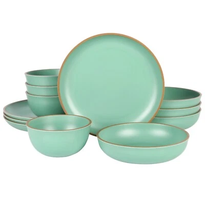 Gibson Home Rockabye 12-Piece Double Bowl Melamine Dinnerware Set - Matte Green - Image 1 of 4