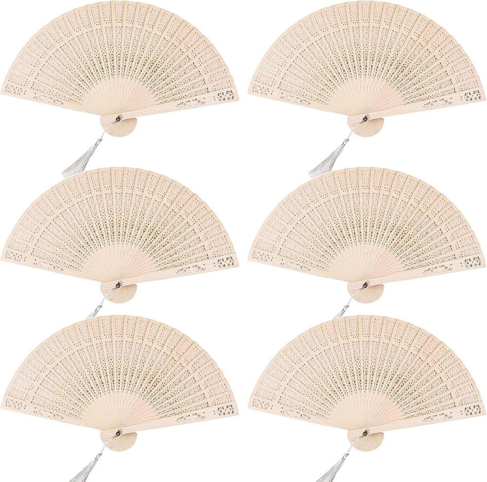 6 PCS Wooden Folding Fans Handheld Vintage Wood Hand Fan Foldable 6pcs  - Image 1 of 4