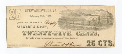 1862 25c Stewart & Kasey - Stewardsville, VIRGINIA Merchant Scrip w/ TRAIN - Image 1 of 2