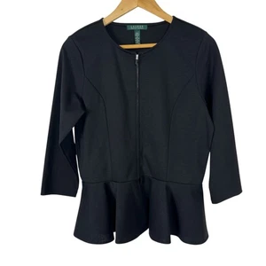 Lauren Ralph Lauren Black Full Zip Jacket Peplum Size Lrg Career Minimalist EUC - Picture 1 of 10