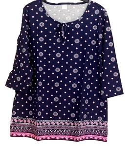 Witt Size 12 14 18 Plus 24 Navy Pink Round Tie Neck 3/4 Sleeve COTTON TOP £34 - Picture 1 of 2