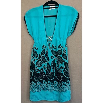 Becca by Rebecca Virtue Cover Up Dress Turquoise Black Metal Heart Floral XS - S - Image 1 of 4