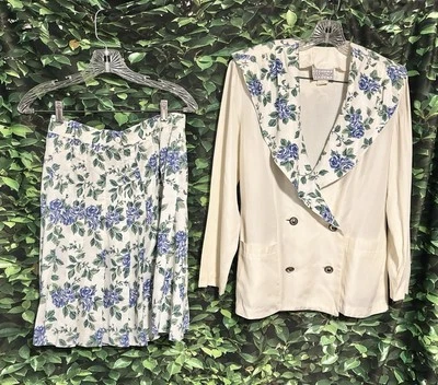 Conjunto de Traje Falda Vintage Años 90 Marfil Verde Púrpura Floral Almohadillas para el Hombro Mujer’s Med Foto 1 de 4