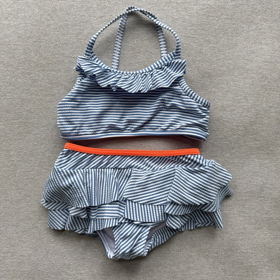 Mini Boden 2 Piece Bikini Swimsuit Girls 5 6 Striped White Blue Ruffle - Image 1 of 4