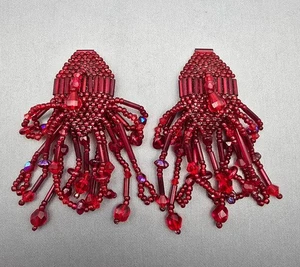 VTG Red AB Glass Seed Bead Dangle Fringe Chandelier Clip-on Earrings 3"Statement - Picture 1 of 11