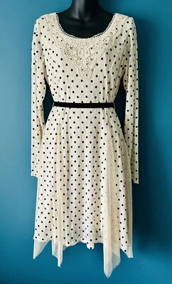 A'Reve Anthropologie Polka Dots Midi Dress Crochet Lace Romantic Sweet Sz L NWT! - Image 1 of 4