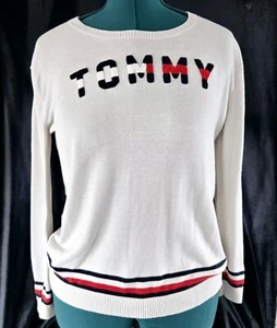 VINTAGE Tommy Hilfiger LOGO Varsity Pullover weiß Baumwolle Viskose Mischung Damen M - Bild 1 von 9