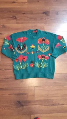 Suéter Tejido a Mano Flor Águila Americana Años 80 90 De Colección Talla Pequeña De Gran Tamaño Foto 1 de 4