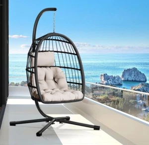 Hanging Egg Chair Hammock Foldable Soft Cushion Stand Steel Patio Wicker Rattan - Picture 1 of 6