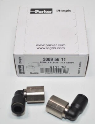 Box of 10 Legris Female Elbow 1/4" x 1/8" NPT Nylon/Nickel Brass Push-to-Connect - Image 1 of 3