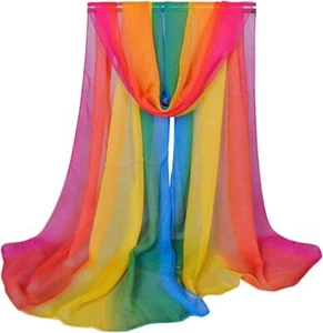GOFINEE Women Soft Chiffon Multi-Colored Long Neck Scarf Head Hair Rainbow - Picture 1 of 4