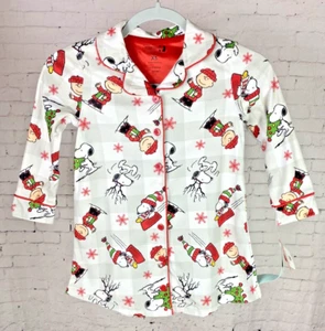Christmas Peanuts Sleep Shirt XS Kid's White Gray Plaid Snoopy Charlie Brown M08 - Picture 1 of 11
