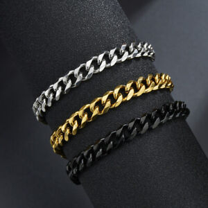 Punk Men 3/5/7mm Stainless Steel Cuban Link Bracelets Black Gold Wrist Jewelry