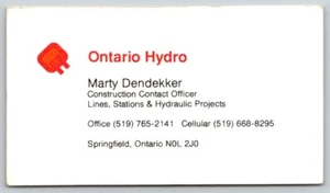 Business Card Springfield ON Ontario Hydro Mary Dendekker Construction Contact - Picture 1 of 2