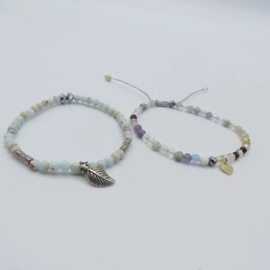 Lindo brazalete boho de 2 piezas delicado con cuentas de piedra azul 7" - Imagen 1 de 16