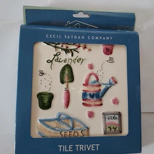 Ceramic Tile Trivet Cecil Saydah Company Gardener Motif Herb Collage flower pot - Picture 1 of 2