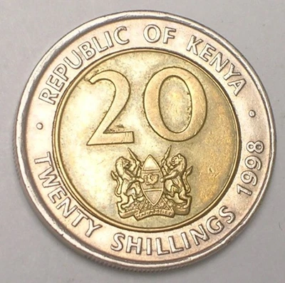 1998 Kenya Kenyan 20 Shillings Moi Lions in Arms Bimetal Coin VF+ - Image 1 of 2