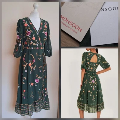 BNWT  MONSOON size 10 Christel Green Embroidered Wrap Fit & Flare Midi Dress NEW - Image 1 of 4