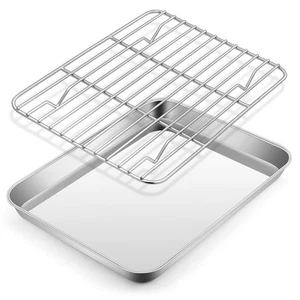 Metal Toaster Oven Tray Set, 10.5”x8.3” Small Stainless Steel Baking Pan with... - Picture 1 of 7