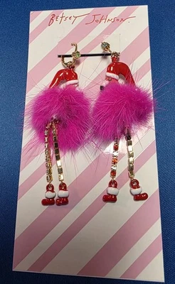 Pendientes colgantes Betsey Johnson tono dorado y rosa esponjoso Santa flamenco cristal - NUEVO Foto 1 de 3