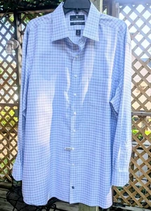 Hart Schaffner Marx Shirt 100% Pima Cotton Long Slv Sz 18 / 35 Stripe Check Blue - Picture 1 of 9