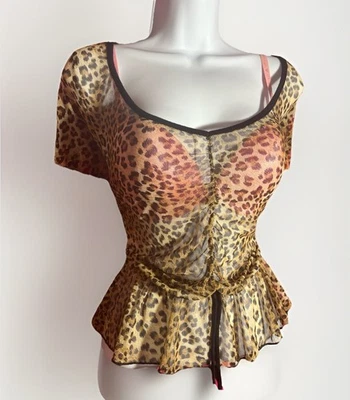 粉色牡丹豹纹透明衬衫腰围和正面女式L — 第 1/4 张图片