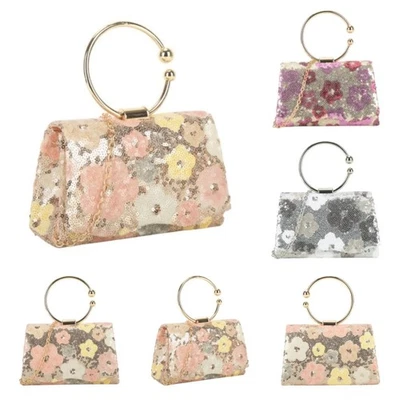 Women's Flower Sequins Clutch Bag Circle Handle Wedding Bag Evening Party Prom - Image 1 of 4