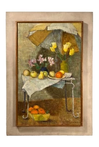 MID CENTURY MODERN MCM ABSTRACT FRUIT & FLOWERS STILL LIFE VINTAGE OIL PAINTING - Picture 1 of 24
