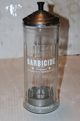 Tarro desinfectante barbicida de colección 11" vidrio Canadá metal tapa insertable joyería limpio Foto 1 de 4