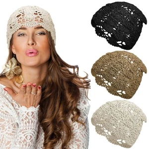 3 Pieces Crochet Slouchy Beanie Hat Handmade Knit Floral Summer Skull Cap Str... - Picture 1 of 7