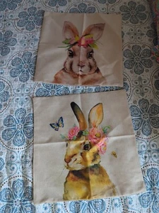NEW LINEN BLEND BUNNY RABBITS FLORAL DECOR PILLOW COVERS 17.7" - Picture 1 of 4