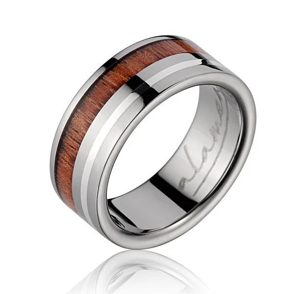 ANILLO DE BODA GENUINO DE MADERA DE KOA HAWAIANO TITANIO BORDE DE PLATA ESTERLINA 8 MM Foto 1 de 2