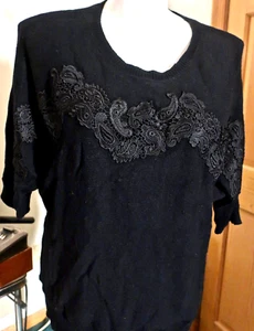 Nuevo suéter con etiqueta Preswick Moore talla grande 2X negro manga 3/4 con apliques de encaje - Imagen 1 de 7
