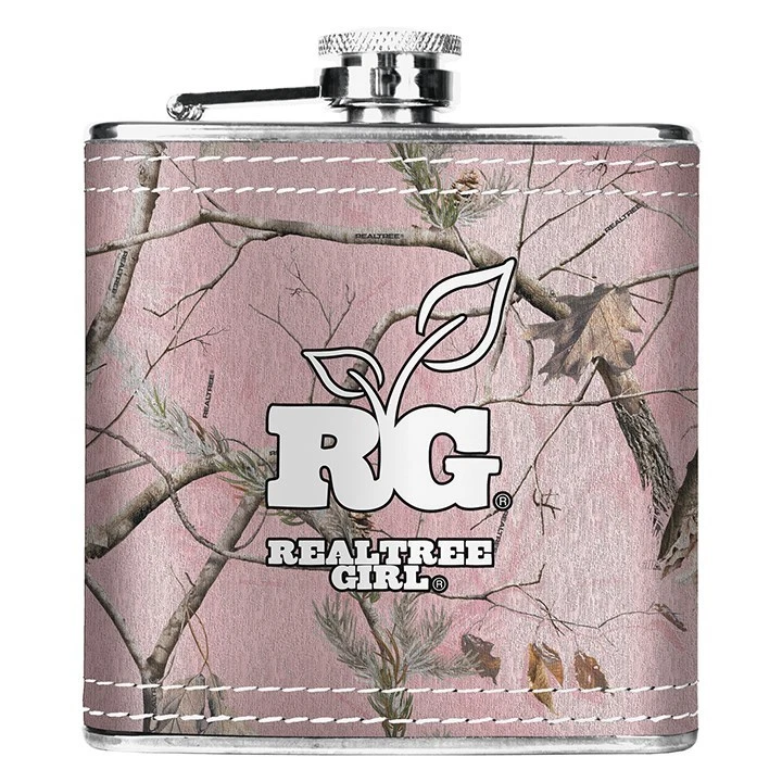REALTREE GIRL PINK CAMO FABRIC WRAPPED STAINLESS STEEL HIP FLASK  - HUNTING GIFT - Image 1 of 1