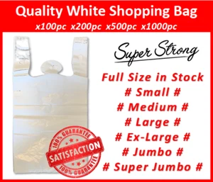 New White 37 Microns Reusable Plastic Singlet Shopping Bags Size: S M L XL JUMBO - Picture 1 of 7